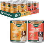 Jinx Bone Broth Stew for Dogs, Variety Pack - Chicken & Salmon Recipes - Grain-Free Wet Dog Food & Topper for Picky Eaters - Promotes Lean Muscle Growth, Healthy Coat & Digestion - 13 Oz, 12 Pack