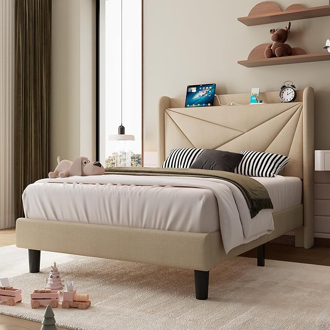 iPormis Twin Size Bed Frame with Charging Station, Linen Platform Bed Frame with Wingback Headboard Upholstered Bedframe, Solid Wood Slats Support, No Box Spring Needed, Easy Assembly, Beige