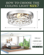 12" Flush Mount Ceiling Light, Brushed Nickel Finish, Hammered Glass Shade, Modern Farmhouse Style for Bedroom, Living Room, Dining – CKCL4822-2W-HGBN