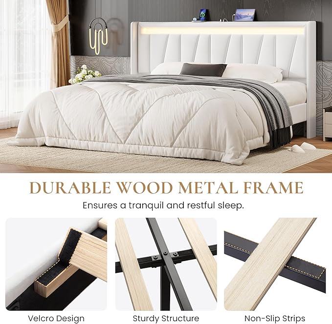 SHA CERLIN King Size Bed Frame with Charging Station and LED Lights, Modern Velvet Platform Bed with Upholstered Geometric Wingback Headboard, No Box Spring Needed, Easy Assembly, White