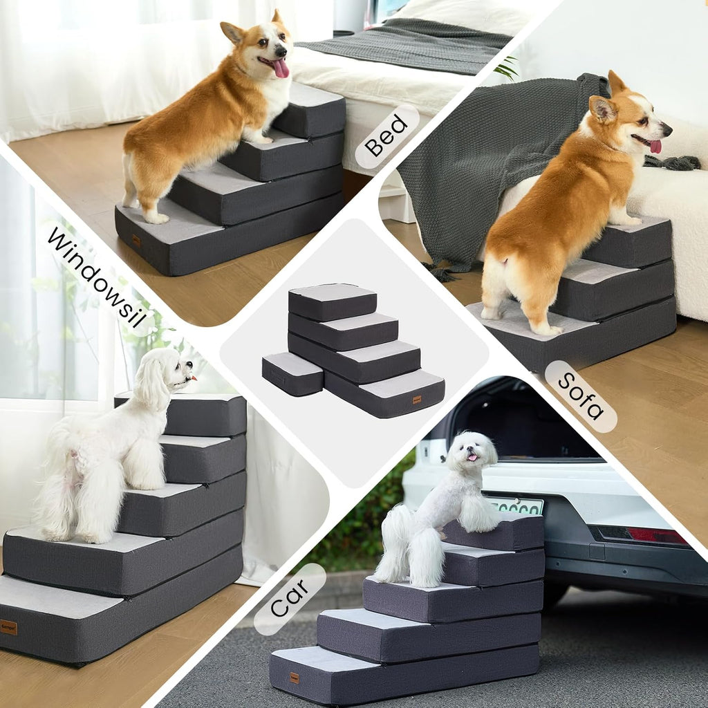 5-Step Adjustable Dog Stairs for High Beds, Dog Steps for Small Dogs and Cats, Foldable Pet Stairs for Bed Climbing, Non-Slip Pet Step Indoor, Grey
