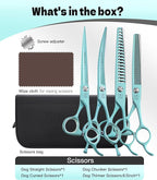 Fenice Peak 7" Professional Dog Grooming Scissors Set, Japanese 440C Stainless Steel Straight Thinning Curved Chunker Shears for Pet Grooming, Trimming Face, Paws, Green