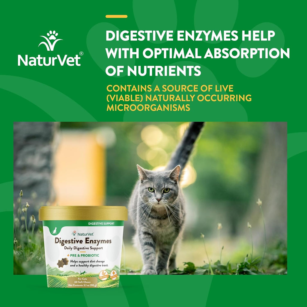 NaturVet – Digestive Enzymes for Cats Plus Probiotics – 60 Soft Chews – Helps Support Diet Change & A Healthy Digestive Tract – Aids in The Absorption of Vitamins & Minerals – 30 Day Supply