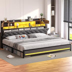 King Bed Frame with Upholstered Headboard, Bed Frame King Size with Hidden Storage,3-Tier Storage Shelves, LED Lights and Charging Station, King Bed with Noise-Free, No Box Spring Needed, Gray