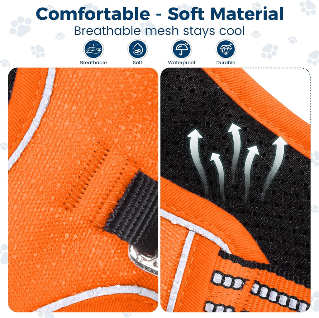 Funfox Dog Harness No Pull, Adjustable Pet Vest Harness, Super Soft Material with Vertical Handle Easy Control, Reflective Night Walking, 2 Leash Clips for Small Sized Dogs, Orange, S