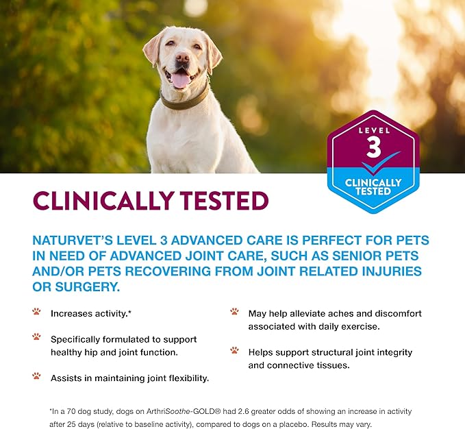 NaturVet ArthriSoothe-Gold Level 3 Advanced Joint Care for Dogs – Soft Chew Dog Supplement with Glucosamine, MSM, Chondroitin & Hyaluronic Acid – Wheat-Free Pet Supplements – 70 Ct.