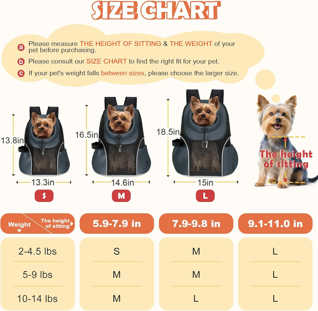 WOYYHO Pet Dog Carrier Backpack Small Dog Front Backpack Ventilated Mesh Dog Travel Back Pack with Safety Belt for Travel Hiking Cycling Outdoor Adventures (Size L: 10-14 lbs, Dark Gray)