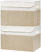 Large 42 Quarts Fabric Storage Bins with Lids [2-Pack] Linen Collapsible Foldable Baskets, Closet Organizer Containers boxes with Handles for Home Office (16.7 x 12 x 12, Beige & White)