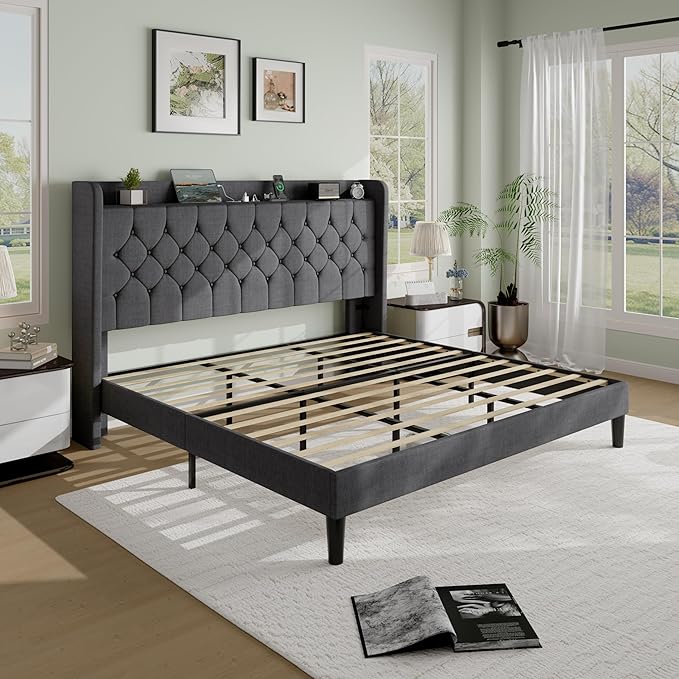 SHA CERLIN King Size Platform Bed Frame with Charging Station, Velvet Wingback Headboard with Storage Shelf, Wooden Slats Support, Ample Under-Bed Space, No Box Spring Needed, Easy Assembly, Dark Grey