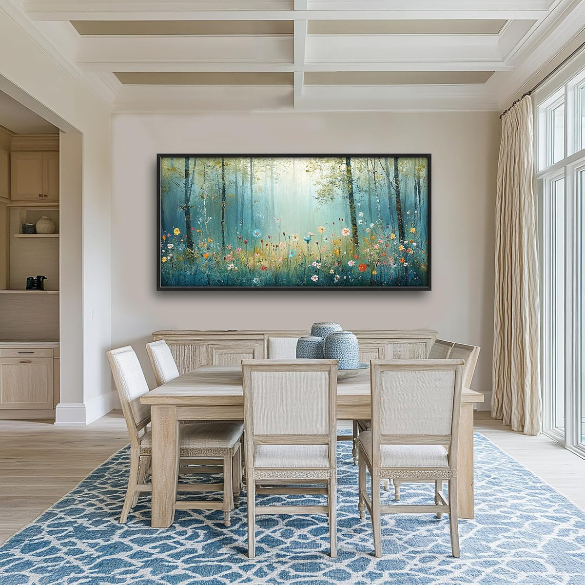 Large Forest Tree Wall Art for Living Room, Framed Oversized Wildflowers Wall Decor, Foggy Landscape Canvas Painting Modern Artwork Home Decoration for Dining Room Bedroom Office 60"x30"
