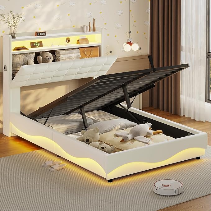ADORNEVE Lift Up Storage Twin Bed Frame with LED Lights, Hidden Storage Headboard and Charging Station, Upholstered Platform Bed, LED Bed with Hydraulic, No Box Spring Needed, Creamy White