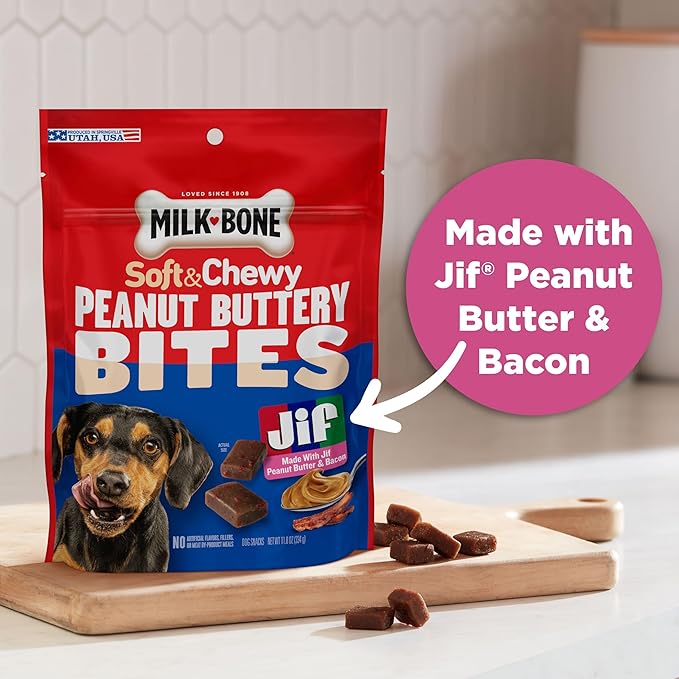 Milk-Bone Peanut Buttery Bites Soft Dog Treats with Real Peanut Butter & Bacon, 11.8 Ounce Bag