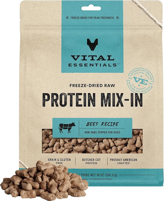 Vital Essentials Freeze Dried Raw Protein Mix-in Dog Food Topper, Beef Mini Nibs Topper for Dogs, 18 oz