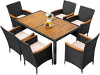 Greesum 7 Pieces Outdoor Patio Dining Set, Conversation Sets with 1 Table and 6 Rattan Chairs with Curved Acacia Wooden Armrests and Cushions, Black