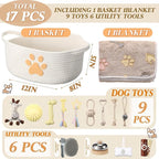 Zopeal 17 Pcs Summer Puppy Gift Set, Dog Toy & Essentials Bundle with Chew Toys, Poop Bag Dispenser, Grooming Brush, Training Bell, Blanket & Rope Basket(Beige,Sheep)