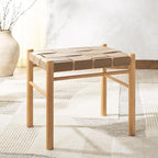 SAFAVIEH Couture Collection Devnie Brown Woven Leather & Natural Solid Wood Ottoman (Fully Assembled)
