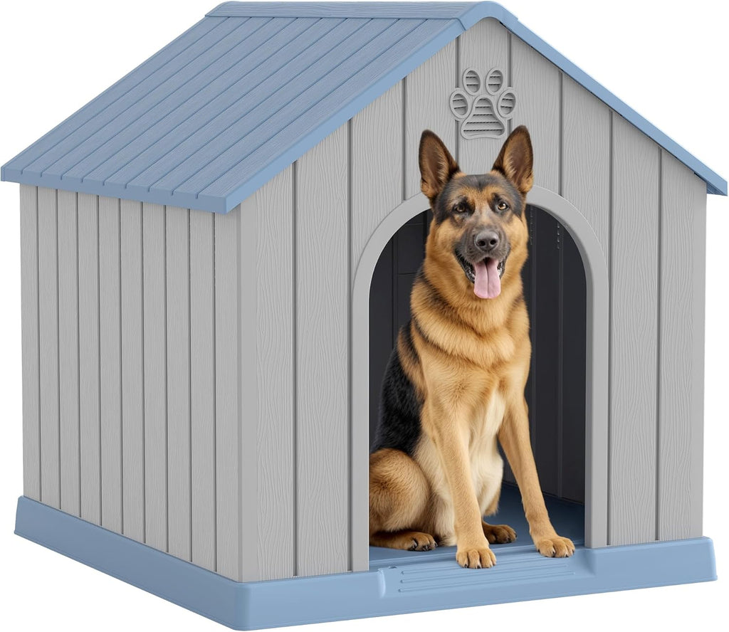Large Dog House Outdoor Indoor for Medium Large Dogs, Durable Plastic Waterproof Doghouse with Air Vents and Elevated Floor, Easy Clean and Assemble (Blue, 36.2''L×38''W×38''H)
