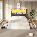 Queen LED Bed Frame with Bookcase Headboard and 4 Drawers,Farmhouse Storage Bed with Charging Station & Linen Upholstered, No Box Spring Needed, Distressed White