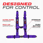 1pc 50 Cal Purple 4 Point Harness 2in Straps, Racing Harness Seat Belt | Ultra Kush padding, Push Button quick release hardware. Universal Fit for UTV, RZR, race car.