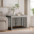 Bigrab Dog Crate Furinture with Thick Cushion, Side End Table Wooden Dog Cage with Double Doors, Chew-Resistant Dog Kennel Dog House Indoor for Small to Large Dog, L (Grey)