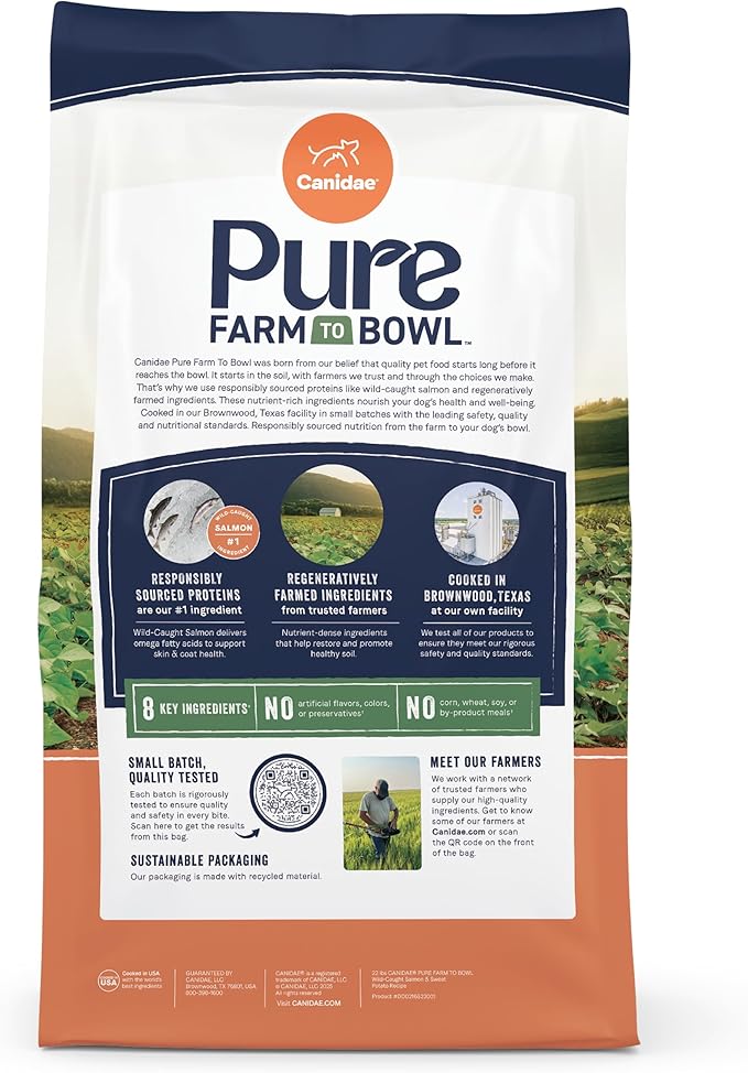 Canidae Pure Farm to Bowl, Grain-Free, Wild-Caught Salmon & Sweet Potato Dog Food, Adult 22lb