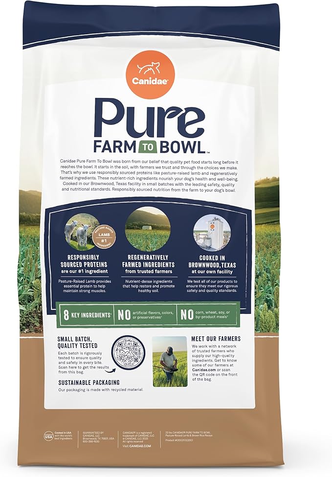 CANIDAE Pure Farm to Bowl Pasture-Raised Lamb & Brown Rice Dog Food, Adult Dog Food, 4lb