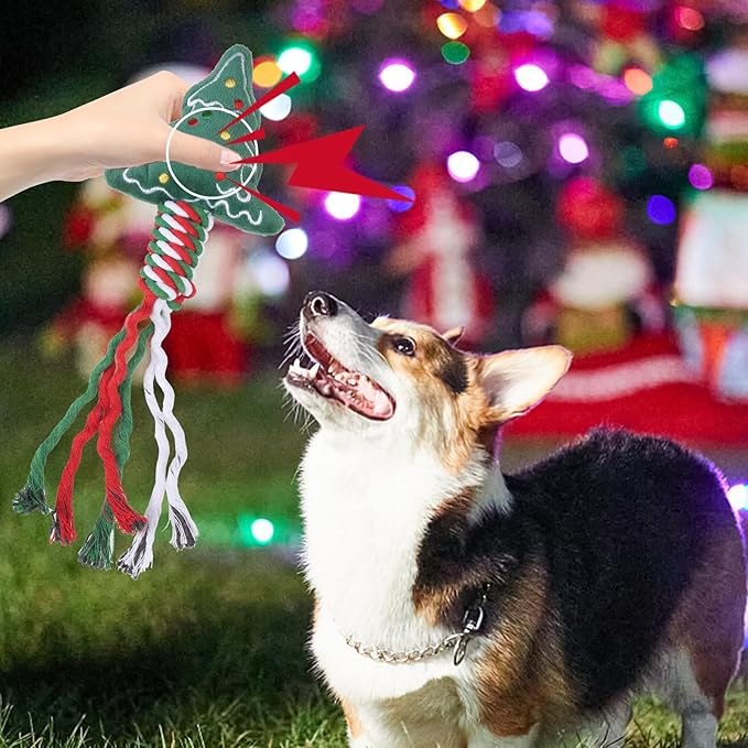 SCENEREAL Christmas Dog Rope Toys, 4pcs Doggy Chew Toys with Stocking for Teething Cleaning, Squeaky Plush Puppy Toy, Interactive Dog Stocking Stuffers, Xmas Gifts for Small Medium Large Dogs