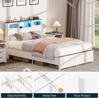 Yoobure Farmhouse Full Size Bed Frame with Headboard, Full Bed Frame with Charging Station & LED Lights, Platform Beds with 2 Storage Drawer, Wood Bedframe, Noise Free, No Box Spring Needed, White