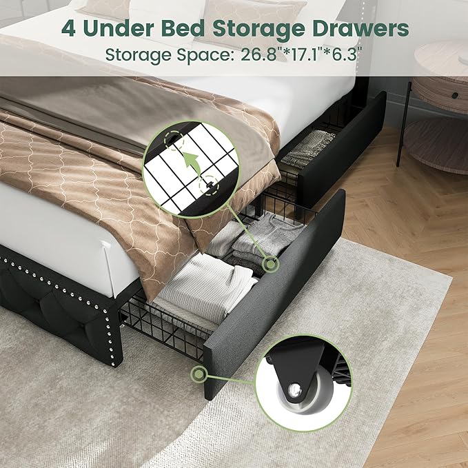 LARMACE King Size Bed Frame with 4 Storage Drawers Velvet Upholstered Tufted Bed Frame King Platform with LED Lights&USB Type-C Charging Station,Heavy Duty/No Box Spring Needed, Easy Assembly,Black