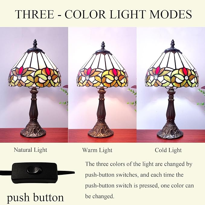 Tiffany Style Small Table Lamp Stained Glass Antique Bedside Nightstand Lamp Small Antique Side Desk Light 8X8X15 Inch for Bedroom Living Room Home Office,3-Color LED Bulb Include