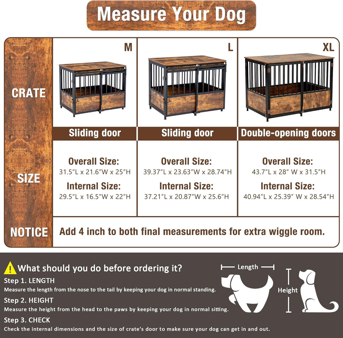 KOOPRO 32 Inch Dog Crate Furniture with Cushion for Large Medium Dogs, Wooden Heavy Duty Dog Kennel with Double Doors, Decorative Pet House Dog Cage Side End Table Indoor, Sliding Door Chew-Resistant