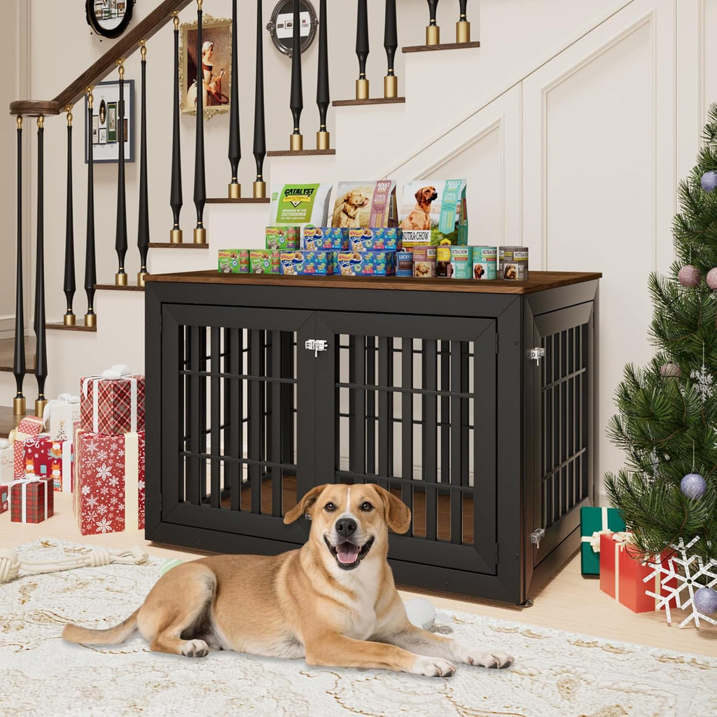 48" Heavy Duty Dog Crate Furniture for Small,Medium and Large Dogs,Rustic Wooden Dog Cage Kennel Indoor Furniture with Waterproof Top,Decorative Pet House Side End Table (Black & Wood)