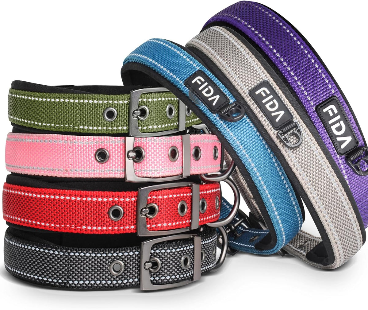 Fida Heavy Duty Dog Collar, Ultra Comfortable Soft Neoprene Padded, Adjustable Reflective Nylon Pet Collar with Durable Metal Belt Buckle for Large Breeds (L, Purple)