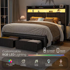 Queen Size Bed Frame with Storage Headboard and Drawers Modern Rivets Upholstered Bed Frame with LED Charging Station Queen Bedframe No Box Spring Needed