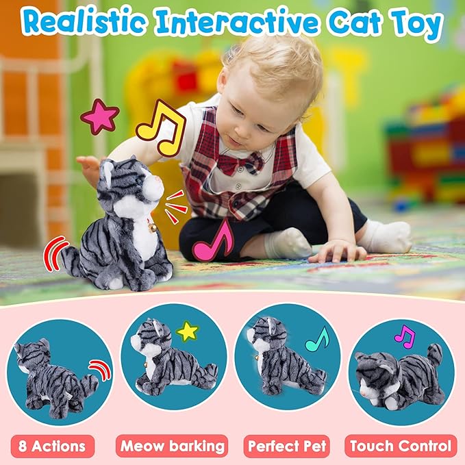 Pattern Gray Robotic Cat Toy for Kid That Move and Meow Purrs Touch Control Kitten Toys Animated Realistic Kitty Toys Kitten Robot Toy for Halloween Birthday H:12"