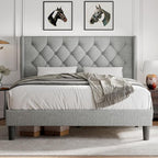 iPormis Full Size Platform Bed Frame with Button Tufted Headboard, Upholstered Bed Frame with Solid Wooden Slats, 8" Underbed Space, No Box Spring Needed, Noise Free, Easy Assembly, Light Gray