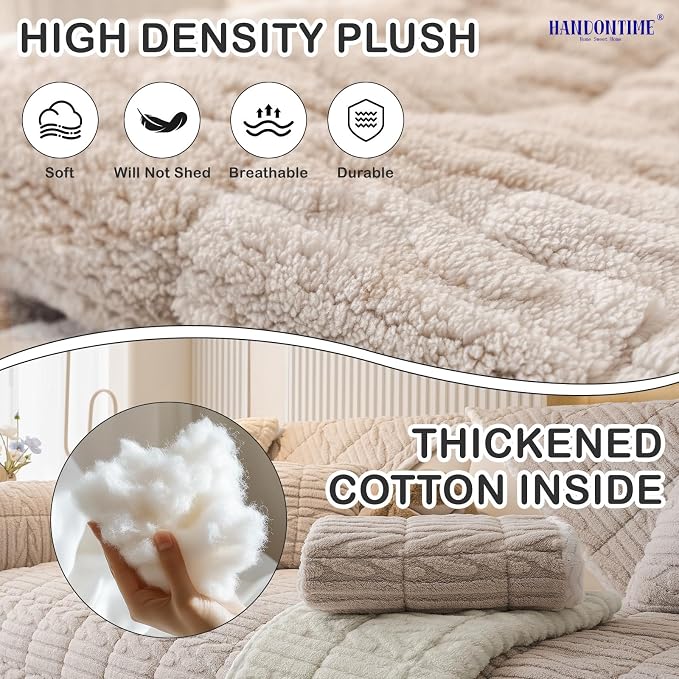 HANDONTIME Dog Couch Cover Protector, Fuzzy Couch Cover for Dogs Washable, Non Slip Geometric Jacquard Sofa Covers for 3 Cushion Couch Sofa Protector Pet Friendly Pets Mat(Khaki, 35.4" x 82.7")