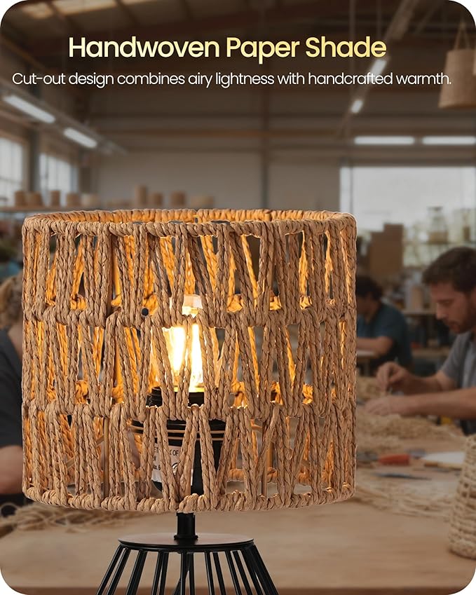 Small Bedside Lamp, Boho Table Lamp with Handwoven Paper Lampshade & Black Metal Base, Rattan Desk Lamp, Modern Nightstand Lamp for Bedroom, Living Room, 2700K LED Bulb Included, HW06TL05