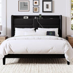 Allewie Full Size Platform Bed Frame with Charging Station & Storage Headboard, Upholstered Velvet Wingback Design & USB Port, Strong Wooden Slats Support, No Box Spring Needed, Easy Assembly, Black