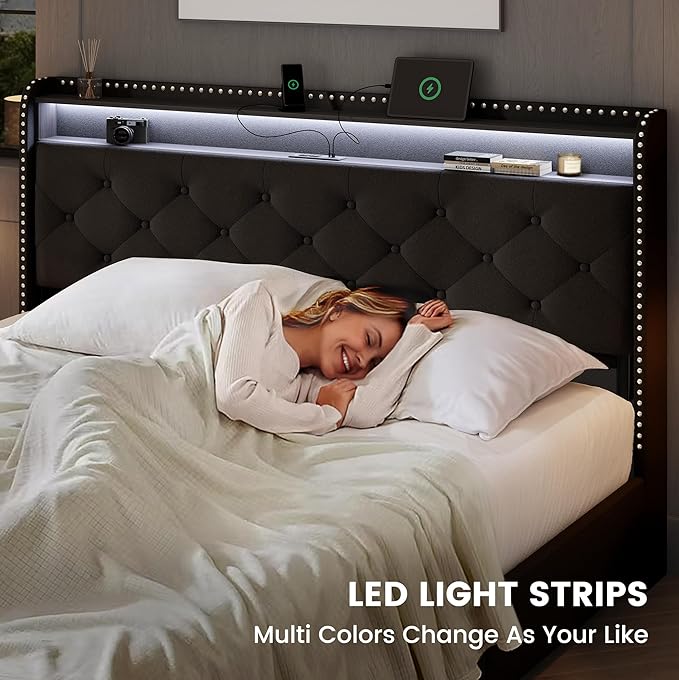LARMACE King Size Bed Frame with 4 Storage Drawers Velvet Upholstered Tufted Bed Frame King Platform with LED Lights&USB Type-C Charging Station,Heavy Duty/No Box Spring Needed, Easy Assembly,Black