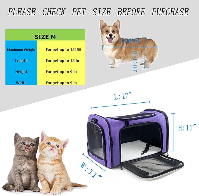 Soft Sided Carrier for Small Medium Cats Dogs,TSA Airline Approved Collapsible Travel Pet Carrier Medium Purple