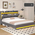 Queen Bed Frame with Headboard, Platform Bed Frame Queen Size with LED Lights & Charging Station, Upholstered Bed Frames with Storage Headboard, No Box Spring Needed, Easy Assembly, Gray