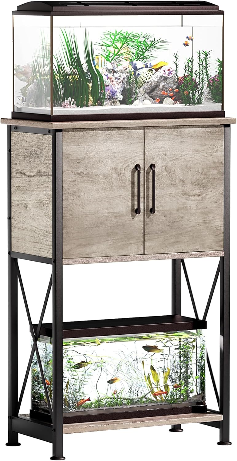 5-10 Gallon Fish Tank Stand, Metal Double Aquarium Stand with Cabinet for Fish Tank Accessories Storage, Heavy Duty 20.5" L* 11.02" W Tabletop, 500LBS Capacity Grey PG06YGZ