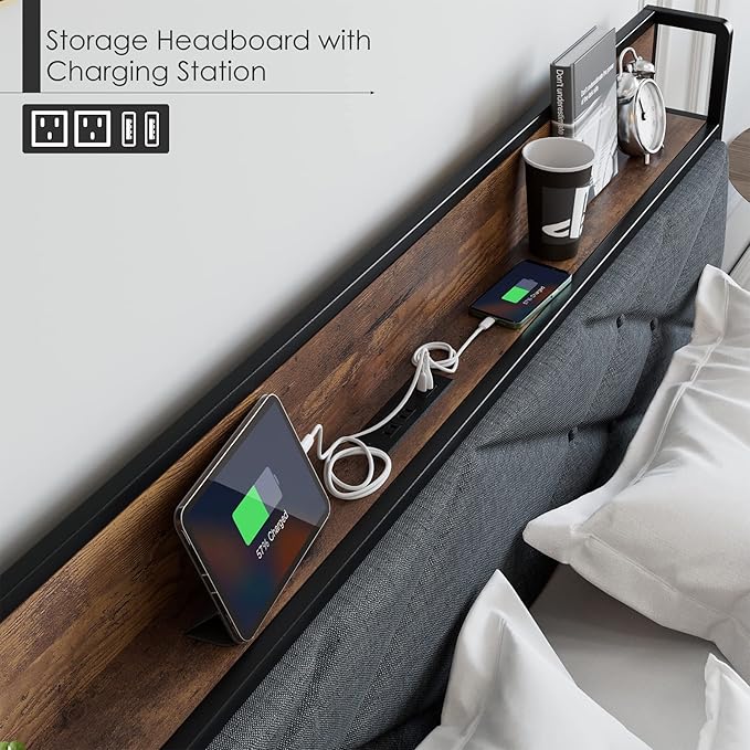IDEALHOUSE King Size Bed Frame with Storage Headboard, Platform Bed with Charging Station, Solid Metal Bed Frame, No Box Spring Needed, Easy Assembly