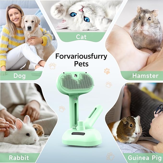Pet Grooming Brush with Electronic Mist Spray - Gentle Deshedding Tool for Cats & Dogs, Pet Steam Brush，Reduces Shedding, Soft Bristles, Promotes Healthy Coat-Comes with a hair smoothing comb-Greener