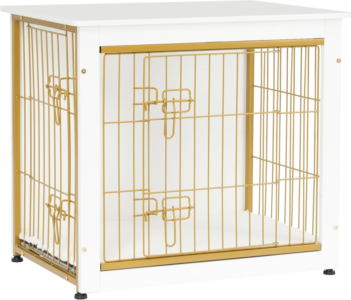 DWANTON Dog Crate Furniture with Cushion, Wooden Kennel Table with Double Doors, Indoor Dog House, Small/Medium/Large Size, 27.2" L, White