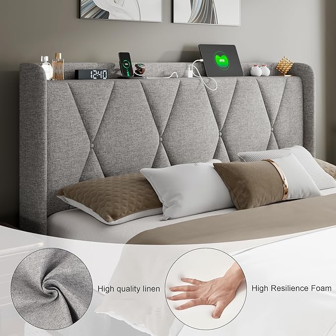 Feonase Full Bed Frame with 4 Storage Drawers, Upholstered Button Tufted Storage Headboard with Fast Charging Station, Heavy Duty Slats Support, No Box Spring Needed, Noise-Free, Light Grey