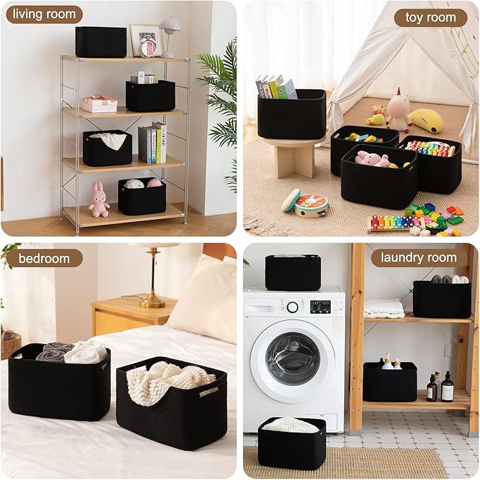 Storage Baskets for Organizing, Woven Decorative Baskets for Shelves - Books, Towels, and Clothes, Cotton Rope Toy Storage Bins, 12.7''Lx9''Wx7.8''H, Pack of 4, Black