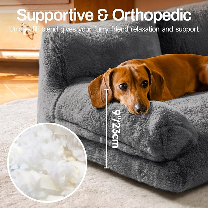 MEWOOFUN Dog Beds for Small Medium Dogs with Removable Washable Cover, Fluffy Dog Sofa with Non-Slip Bottom (Dark Grey, 33.5" L X 25.6" W X 11.5" Th)