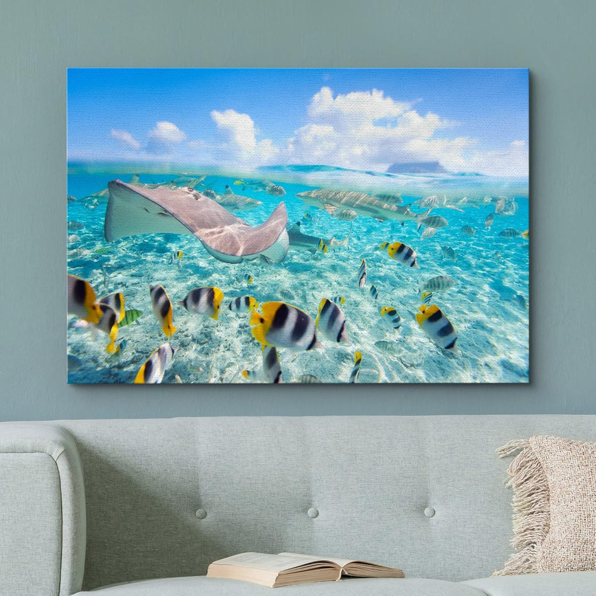 wall26 Canvas Print Wall Art Stingray & Striped Fish Under The Sea Nature Ocean Photography Realism Nautical Scenic Relax/Calm Multicolor Ultra for Living Room, Bedroom, Office - 24"x36"